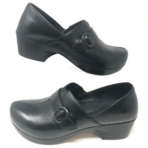 DANSKO Tamara Black Leather Buckle Strap Clogs